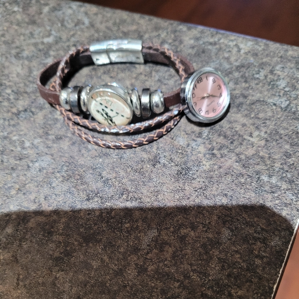 Brown Leather Wrap Bracelet with Pink Watch Face